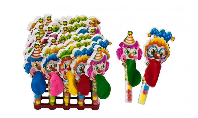 Фото Сахарное драже "Канди клаб" в тубе с игрушкой (клоуны) 2гр*30шт*12 блоков в интернет-магазине axdv.ru / аиксдв