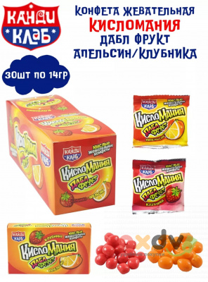 Фото Жевательная конфета "Кисломания дабл фрукт" апельсин и клубника 16гр*30шт*12 блоков в интернет-магазине axdv.ru