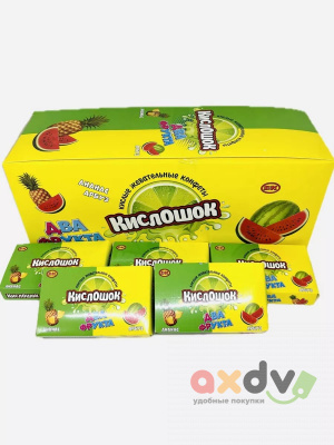 Фото Жевательные конфеты со вкусом арбуза и ананаса "Кислошок два фрукта" 14г*30шт*12бл в интернет-магазине axdv.ru
