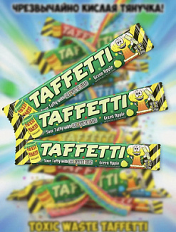 Фото Жевательная конфета "Токсик Востл Таффетти Зеленое яблоко / Toxic Wastle Taffetti Green Apple" 20гр*24шт*8бл в интернет-магазине axdv.ru / аиксдв