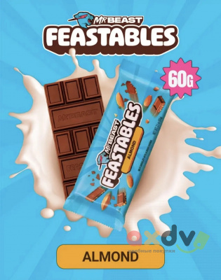 Фото Шоколад молочный "Мистер Бист Фистиблз Миндаль / Mr. Beast Feastables Almond" 60гр*10шт*18бл в интернет-магазине axdv.ru