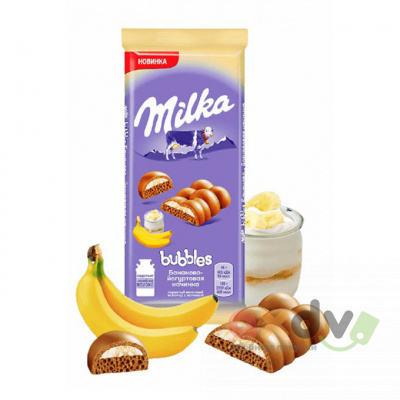 Фото Шоколад "Милка пористый / Milka Bubbles" молочный с бананово-йогуртовой начинкой 87г 1/16 шт в интернет-магазине axdv.ru
