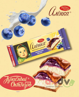 Фото Шоколад молочный с начинкой "Аленка" с черничной и йогуртовой начинкой 165гр*9шт в интернет-магазине axdv.ru