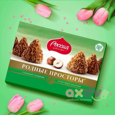 Фото Конфеты шоколадные "Родные просторы" с фундуком и вафельной крошкой с какао 180гр*10шт в интернет-магазине axdv.ru