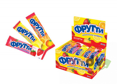 Фото Жевательная конфета со вкусом апельсина, клубники, лимона "Фрутти", в флоупаке, дисплей-бокс, 10гр*50шт*10бл СС-058 в интернет-магазине axdv.ru