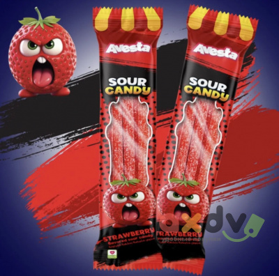 Фото Мармелад жевательный Sour Candy "Avesta" со вкусом клубники 18гр*24шт*12бл в интернет-магазине axdv.ru
