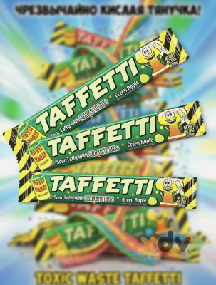 Фото Жевательная конфета "Токсик Востл Таффетти Зеленое яблоко / Toxic Wastle Taffetti Green Apple" 20гр*24шт*8бл в интернет-магазине axdv.ru